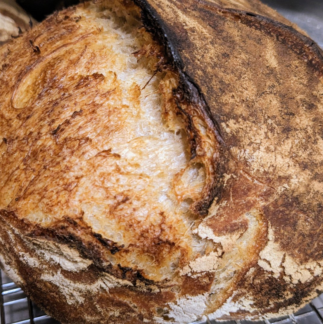 Close-up of a rustic loaf of sourdough bread