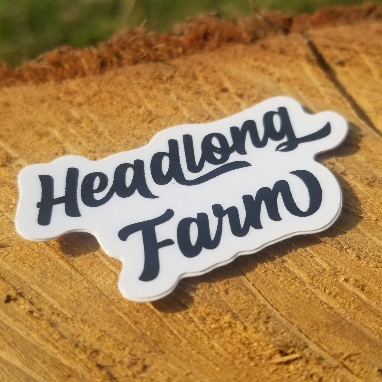 A small wordmark sticker against a piece of wood