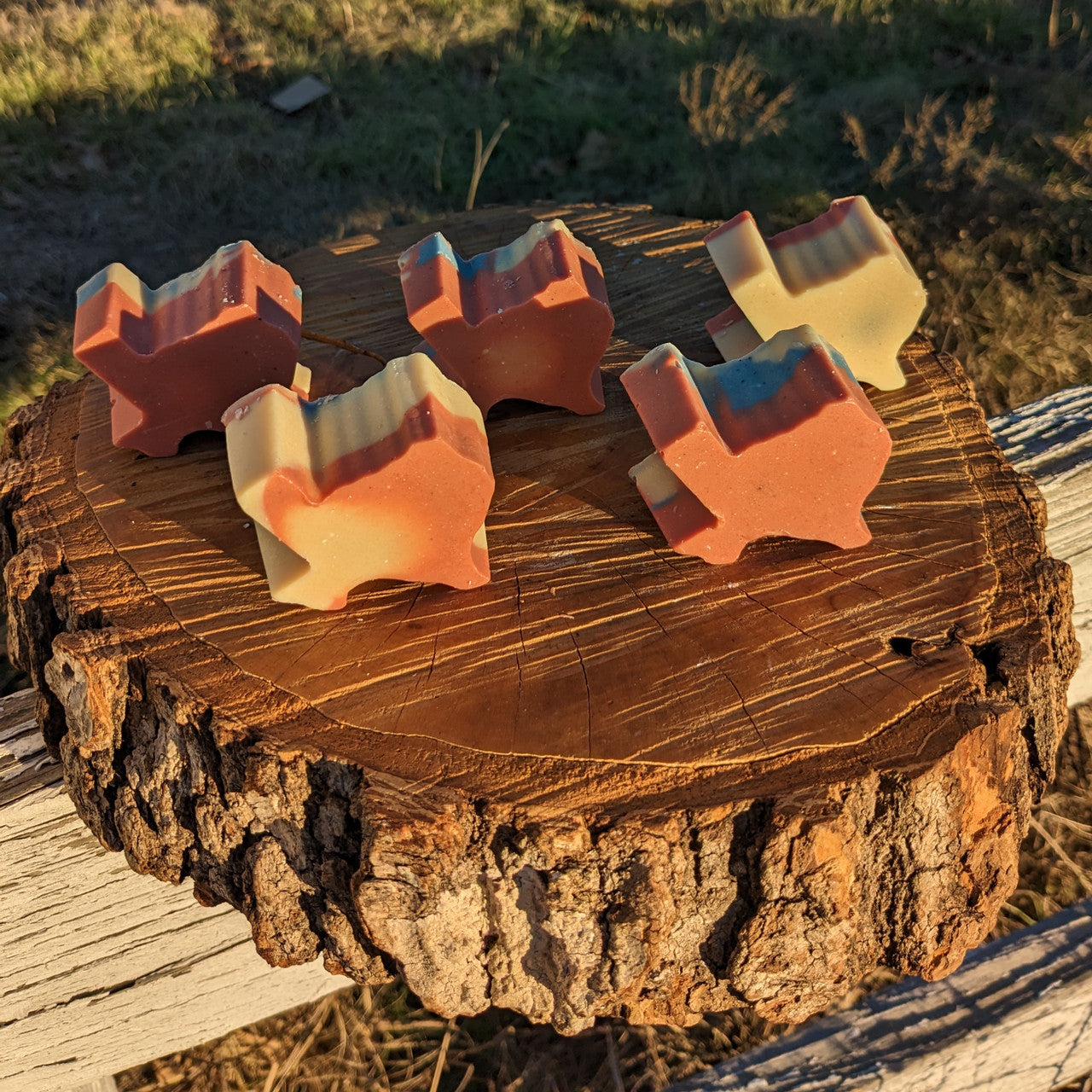 Five small Texas-shaped bars of goat milk soap on a piece of wood.