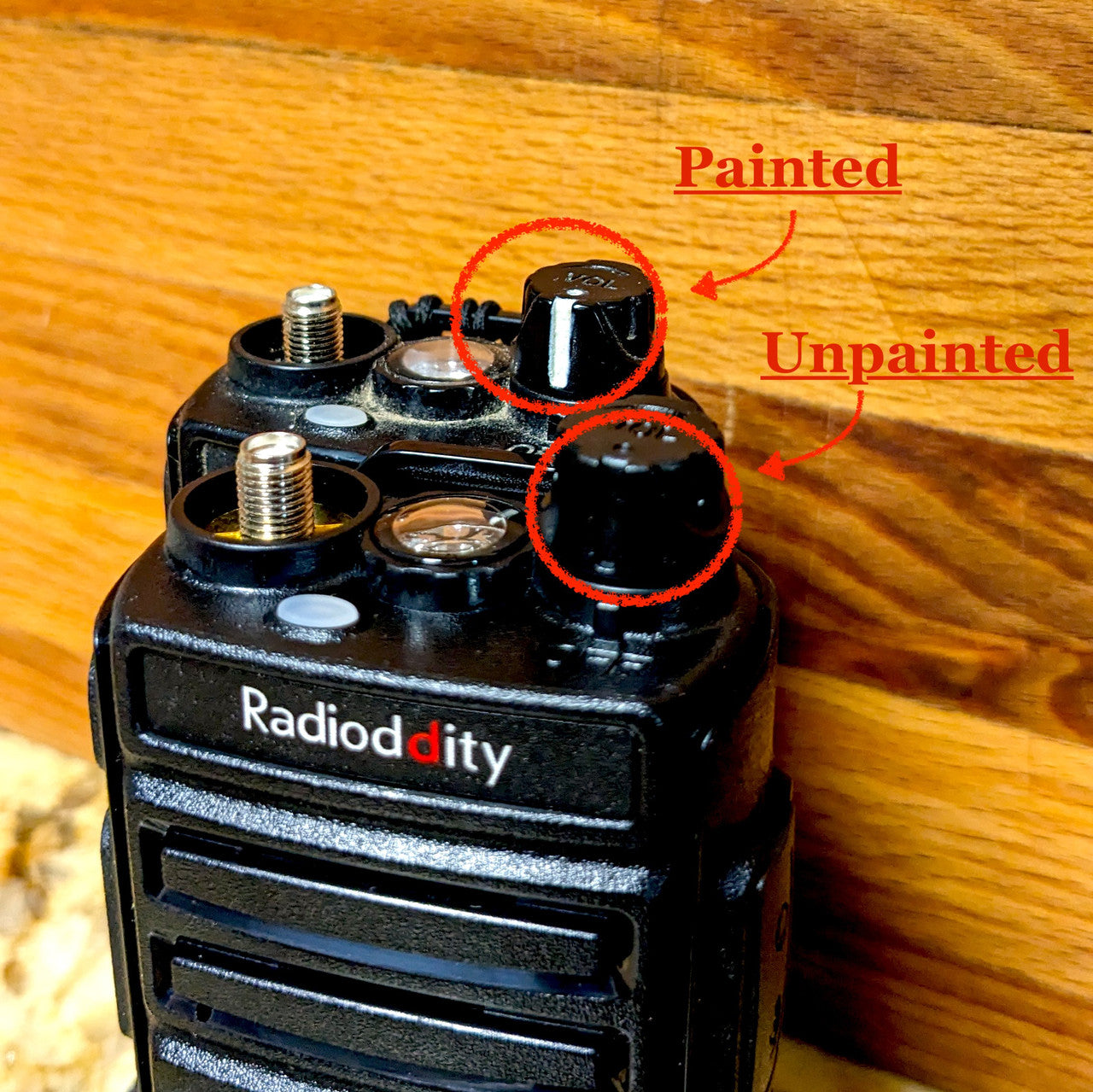 Image showing the difference between painted and unpainted volume knobs.