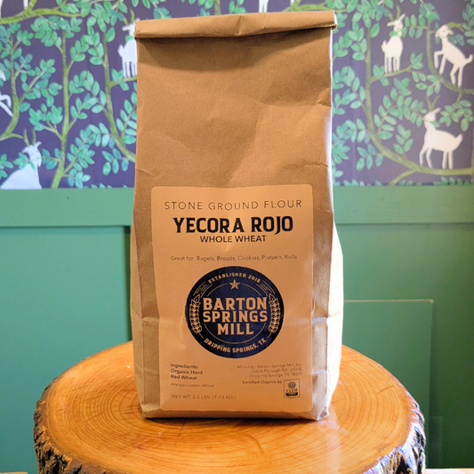 A bag of Yecora Rojo bread flour on a wooden crate